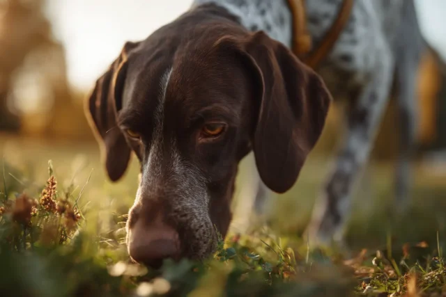 Braco Alemán haciendo un juego de olfato en un parque, estimulación mental y enfoque
