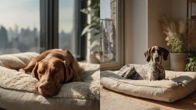 Vizsla y Braco Alemán descansando en apartamento, convivencia posible con rutina y ejercicio